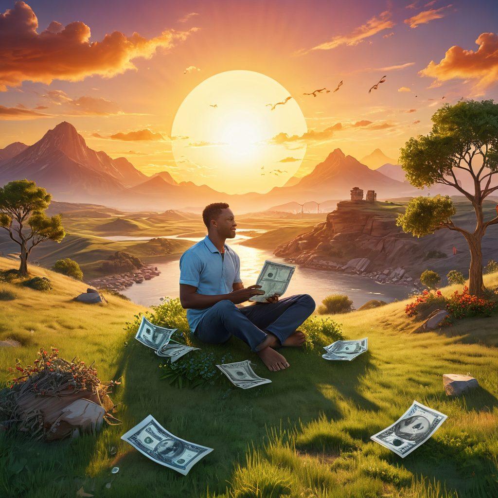 A serene landscape featuring a joyful individual sitting on a grassy hill, surrounded by symbolic icons of debt relief such as broken chains, dollar signs, and flourishing plants representing wealth building. The sun is rising in the background, casting warm, inviting colors across the scene. Include elements like a small, flowing river symbolizing financial flow and stability. super-realistic. vibrant colors. 3D.