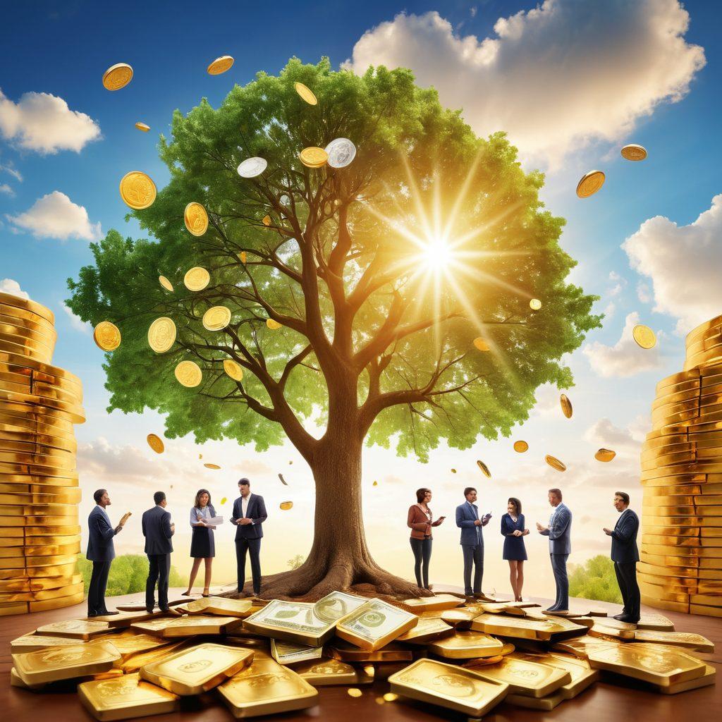 A bright, cheerful scene featuring a diverse group of people sharing successes related to money management, surrounded by symbols of financial growth like coins, trees with dollar bills, and gold bars. Include a sunny sky and vibrant colors to evoke happiness and optimism. Showcase a mix of technology and nature, symbolizing modern financial tools and stability. super-realistic. vibrant colors. white background.
