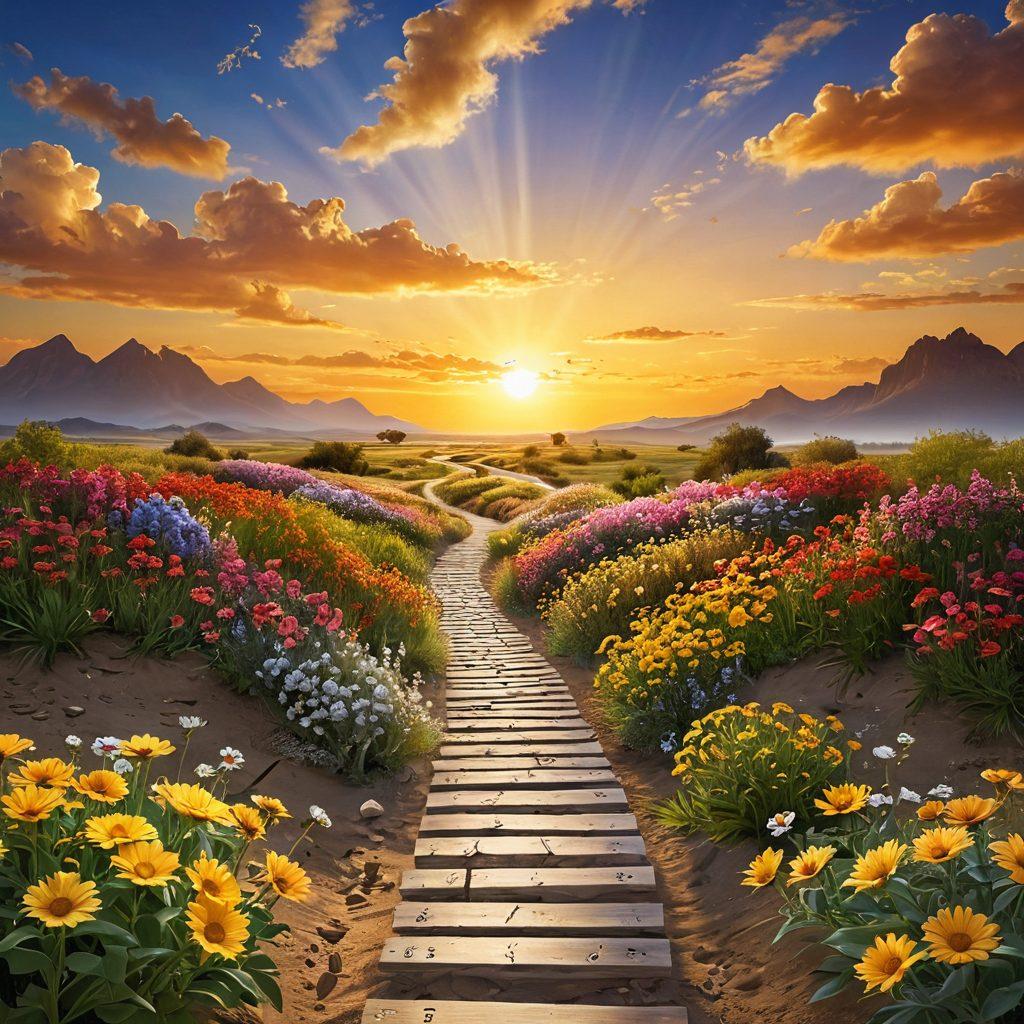 A serene landscape depicting a path leading towards a bright horizon symbolizing financial freedom. Along the path, scattered symbols of debt relief like broken chains and dollar bills transforming into flowers. Include a joyful figure walking towards a golden sunrise, representing wealth management and prosperity. Vibrant colors. super-realistic.